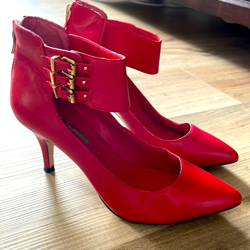 BCBG fire engine red pumps with zipper at the heel